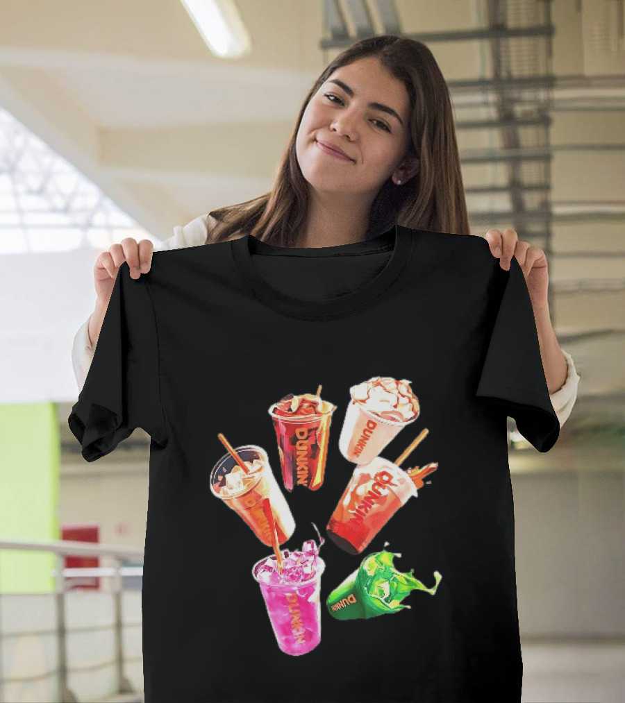 Dunkin Colorful Iced Coffee Beverages Splash With Straws T-Shirt