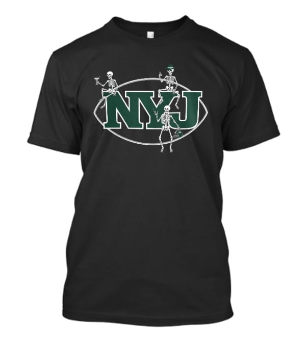 New York Jets Three Skeletons NYJ Drinking Smoking Green Helmet T-Shirt