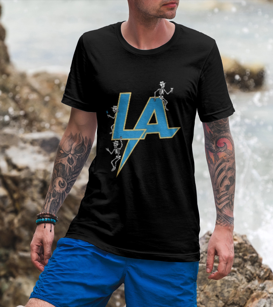 Los Angeles Chargers Skeletons On LA Lettering With Lightning Bolt T-Shirt