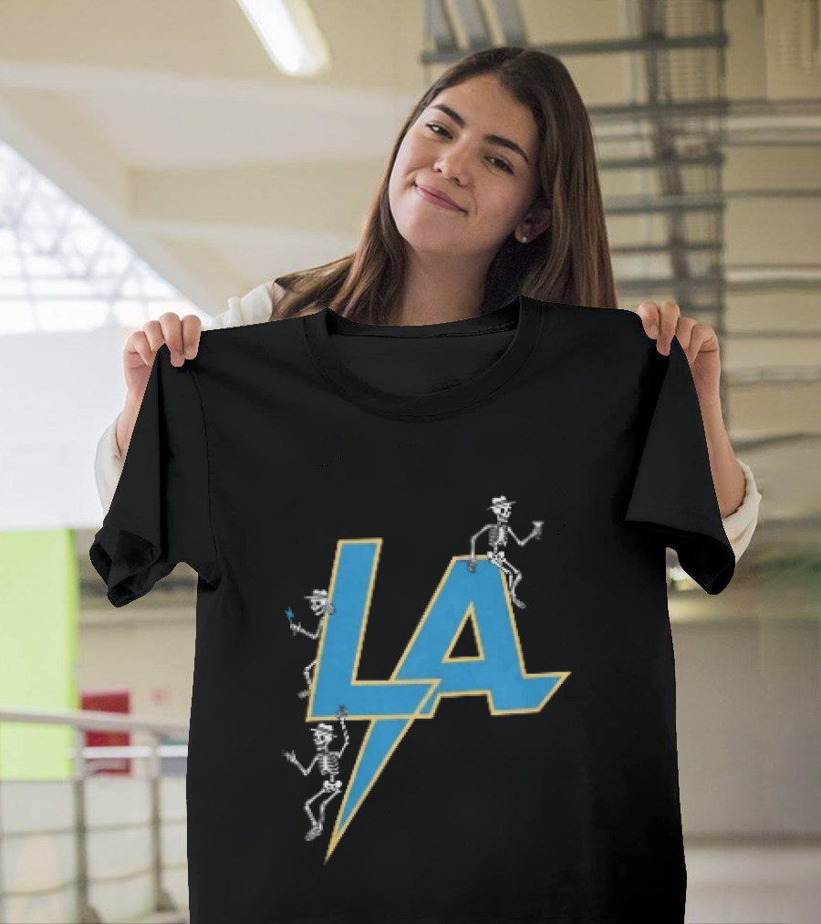 Los Angeles Chargers Skeletons On LA Lettering With Lightning Bolt T-Shirt