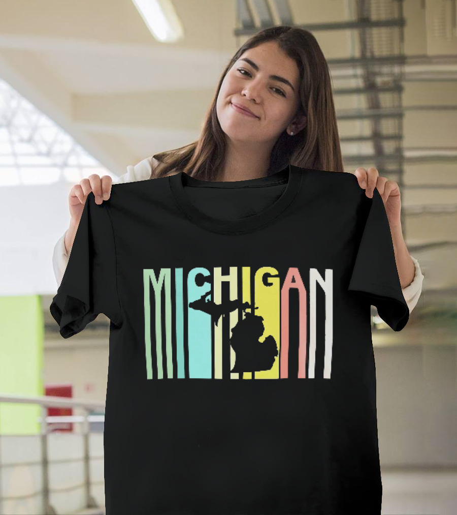 Michigan Colorful Vertical Stripe Map T-Shirt