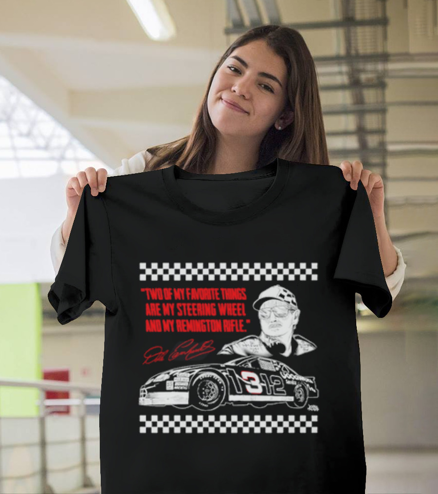 Two Of My Favorite Things Are My Steering Wheel And My Remington Rifle Racing Car 3 Checkered Flag T-Shirt