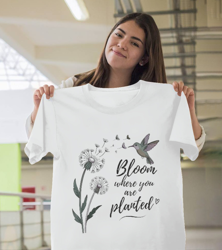 Bloom Where You Are Planted Hummingbird Dandelion Seeds Heart Sketch T-Shirt