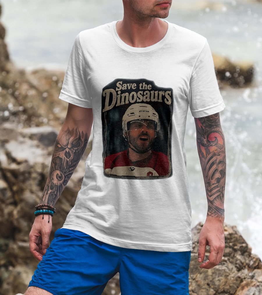 Connor Storrie Wearing Scott Hunter Save The Dinosaurs CCM Hockey T-Shirt
