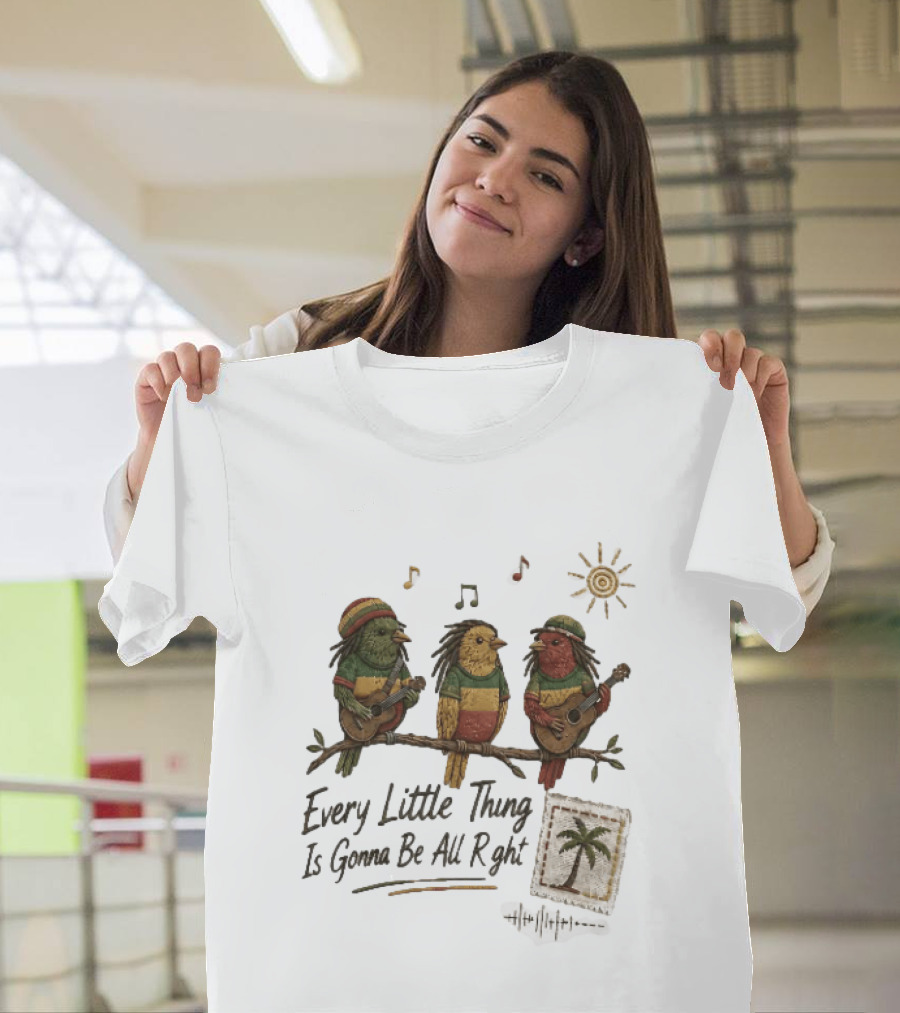 Every Little Thing Is Gonna Be All Right Reggae Birds Guitar Sunshine Palm Stamp Music Notes T-Shirt