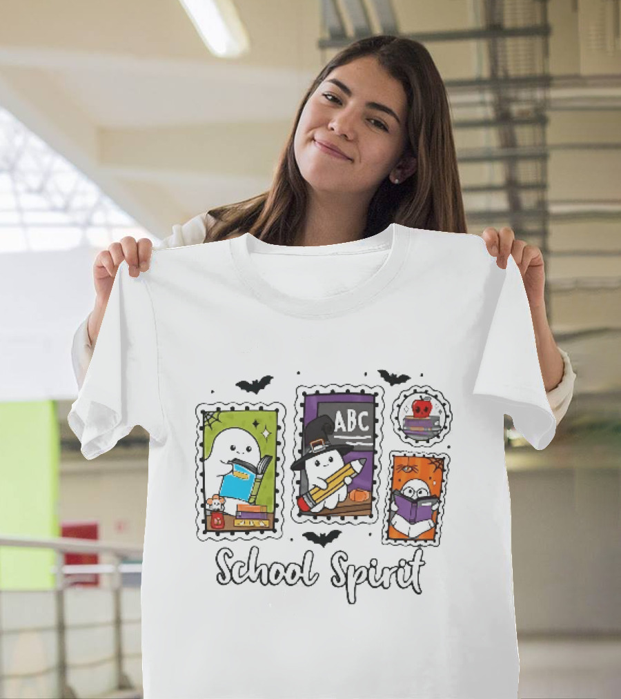 School Spirit Ghosts Holding Books Halloween Postage Stamps ABC Bats T-Shirt