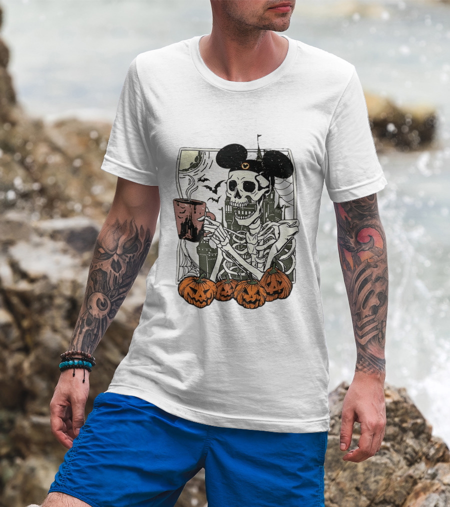 Spooky Skeleton With Coffee Mouse Ears Pumpkins Bats Halloween 2026 T-Shirt