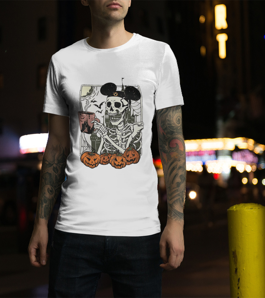Spooky Skeleton With Coffee Mouse Ears Pumpkins Bats Halloween 2026 T-Shirt