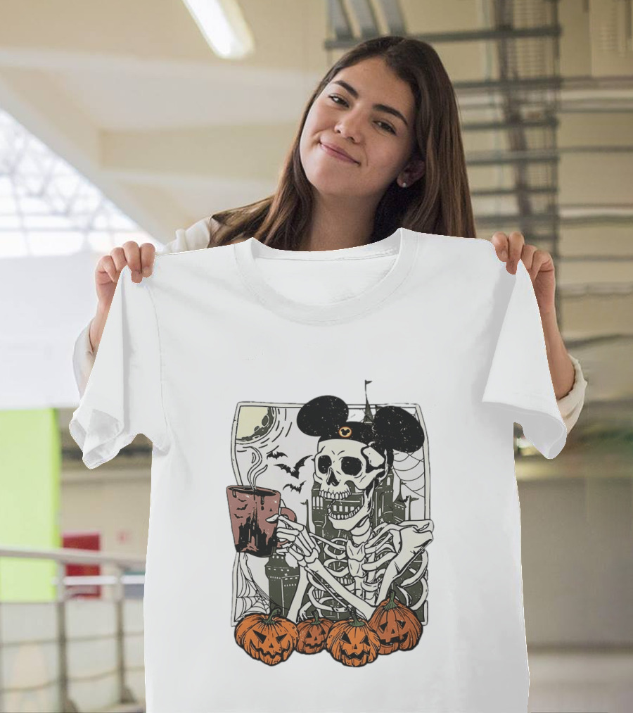 Spooky Skeleton With Coffee Mouse Ears Pumpkins Bats Halloween 2026 T-Shirt