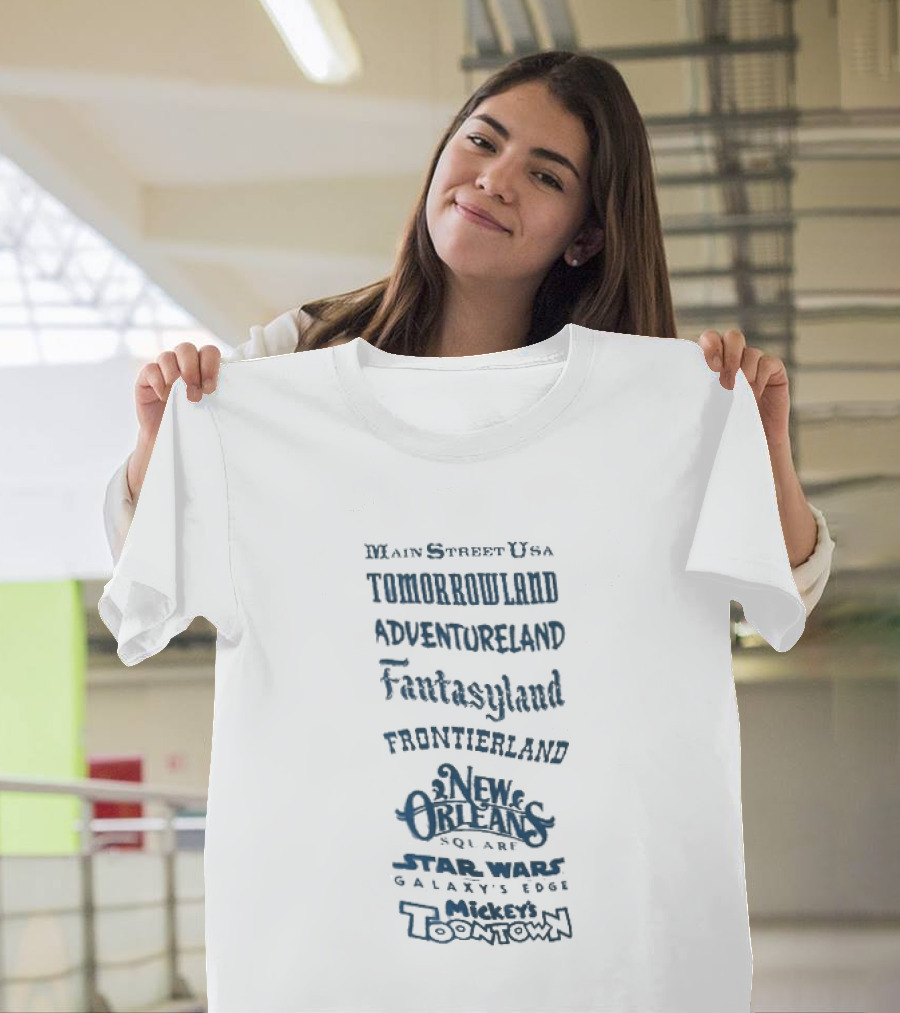 Main Street USA Tomorrowland Adventureland Fantasyland Frontierland New Orleans Square Liberty Square T-Shirt