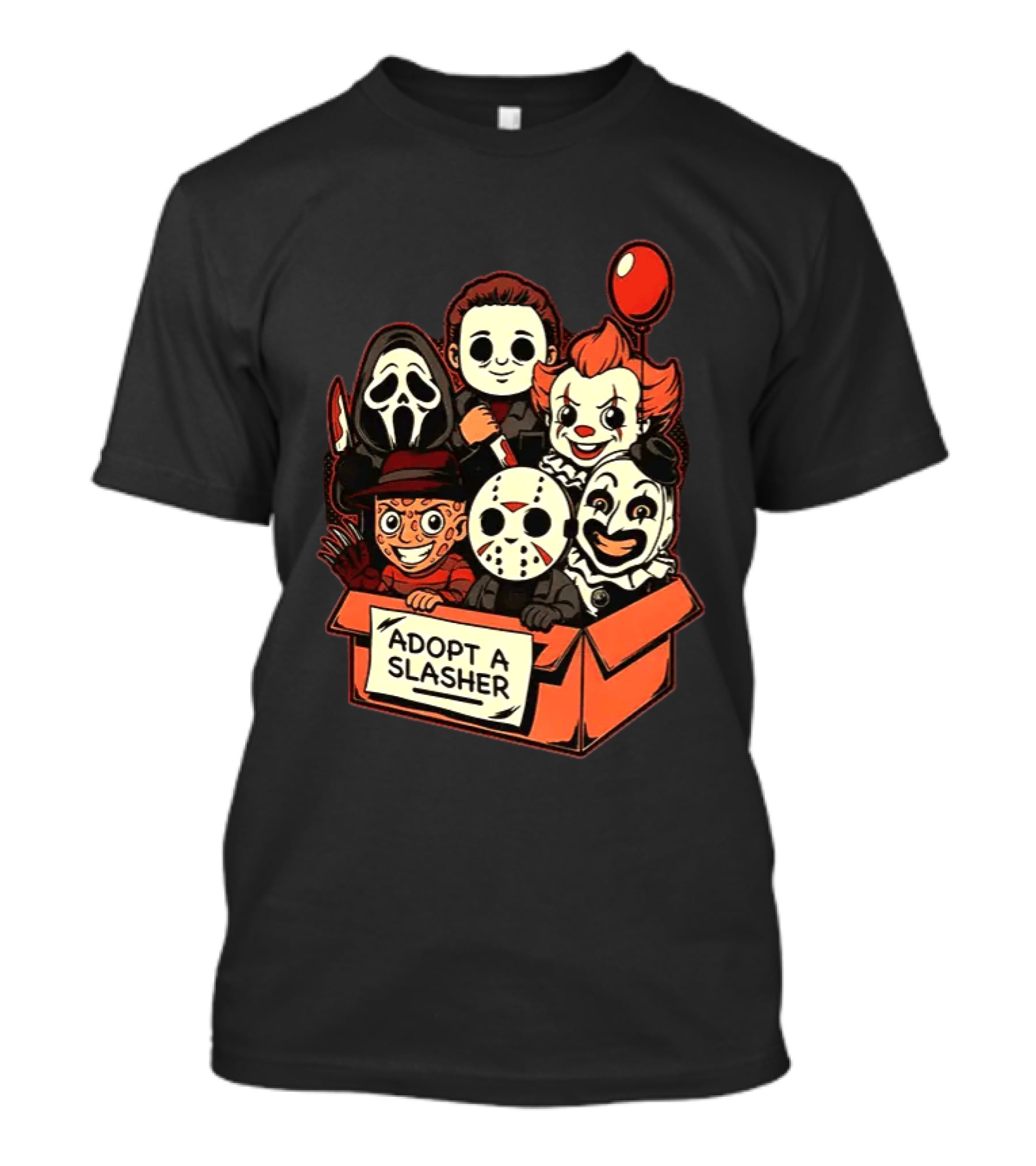 Adopt A Slasher Horror Characters Halloween Box With Iconic Balloon And Masked Monsters T-Shirt
