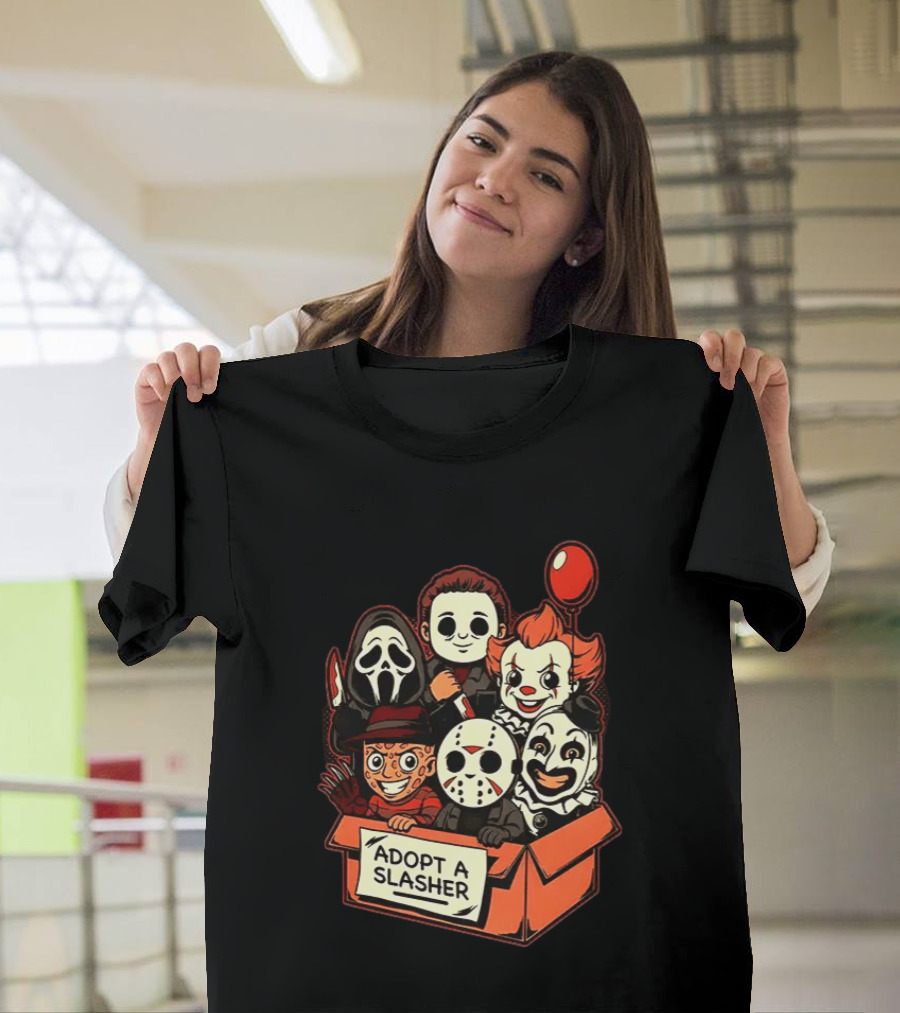 Adopt A Slasher Horror Characters Halloween Box With Iconic Balloon And Masked Monsters T-Shirt