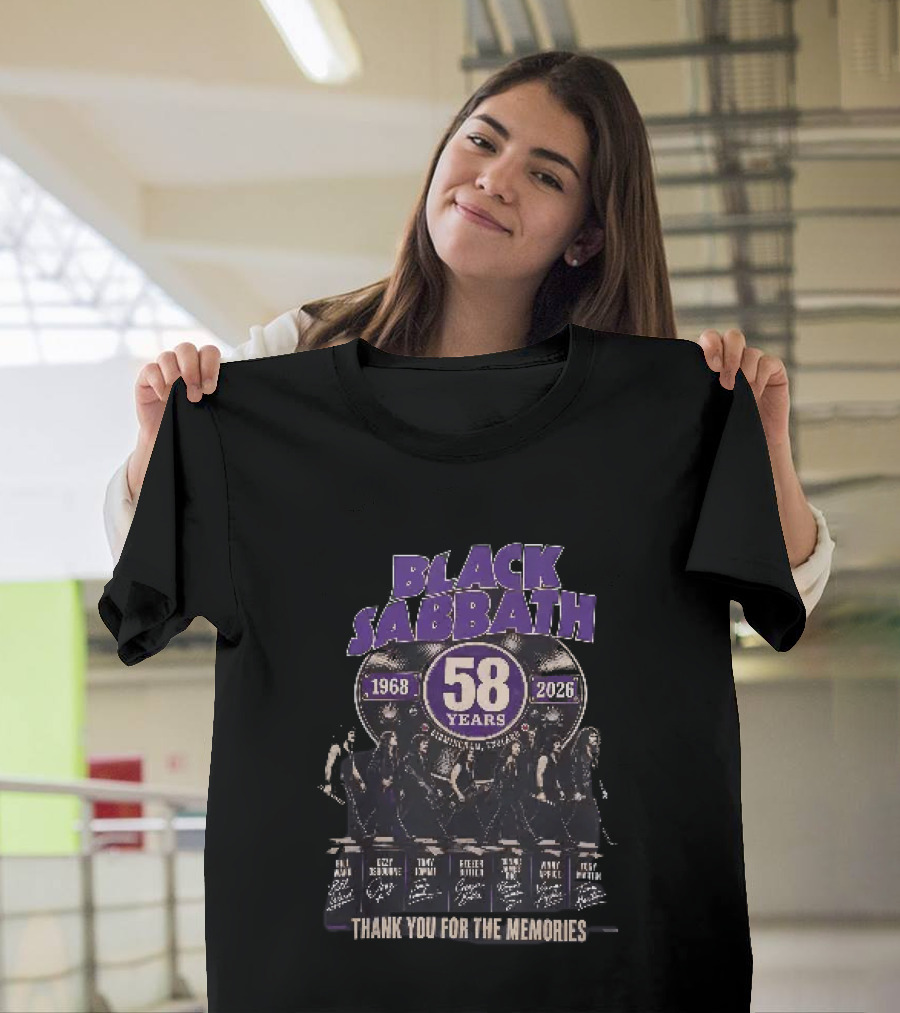 Black Sabbath 58 Years 1968 2026 Birmingham England Thank You For The Memories Ozzy Osbourne Tony Iommi Geezer Butler Bill Ward T-Shirt