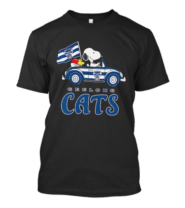 Geelong Cats Snoopy Woodstock Driving With Flag T-Shirt