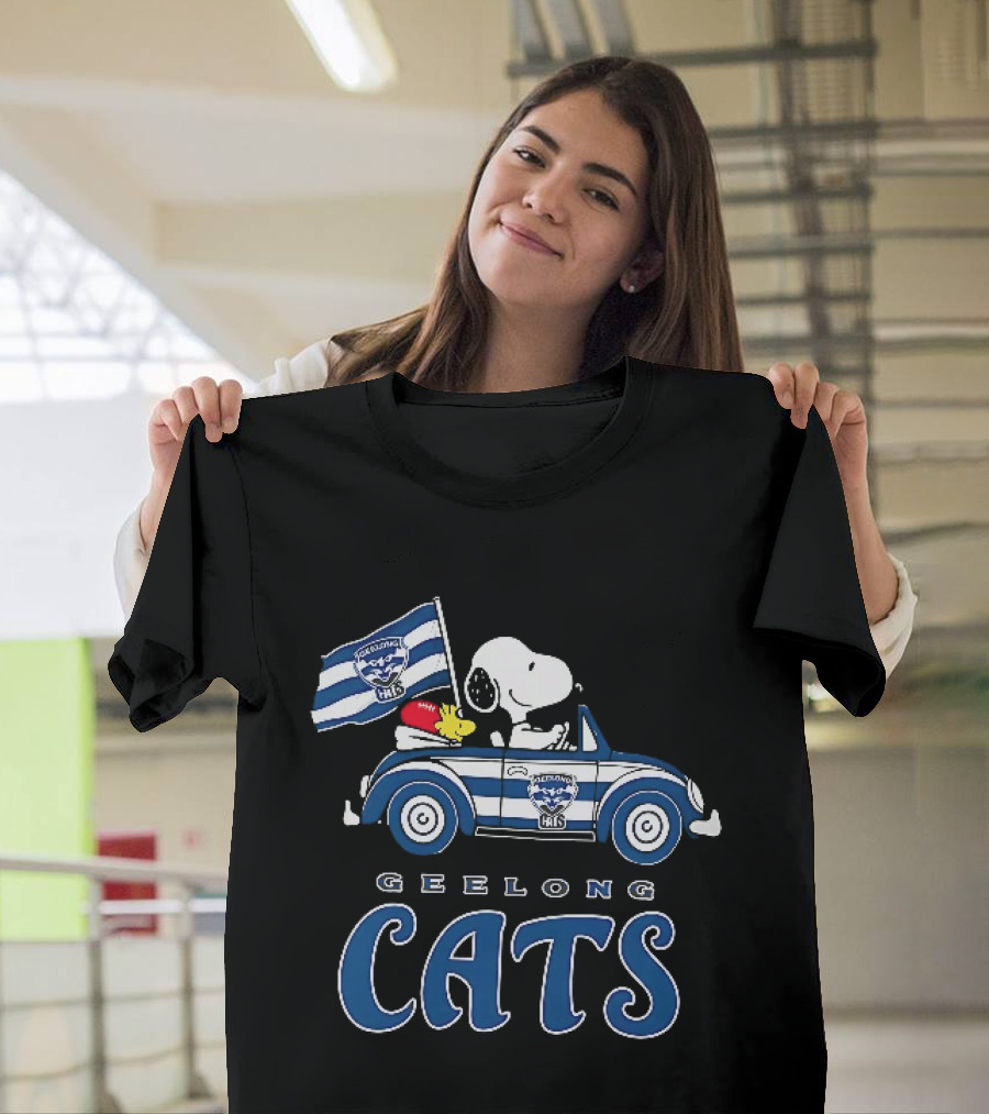 Geelong Cats Snoopy Woodstock Driving With Flag T-Shirt