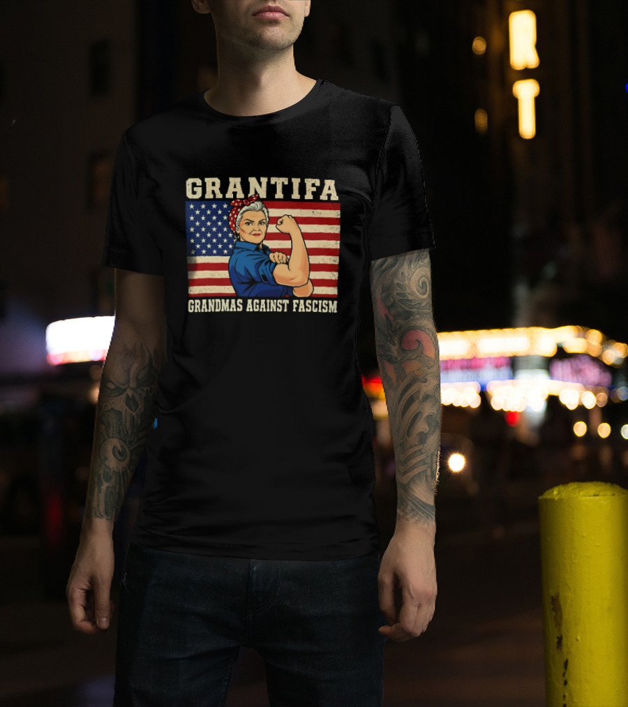 Grantifa Grandmas Against Fascism Rosie Riveter USA Flag T-Shirt