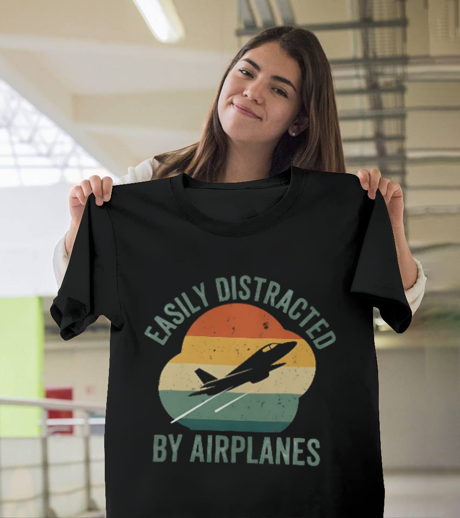 Easily Distracted By Airplanes Retro Jet Vintage Stripes T-Shirt