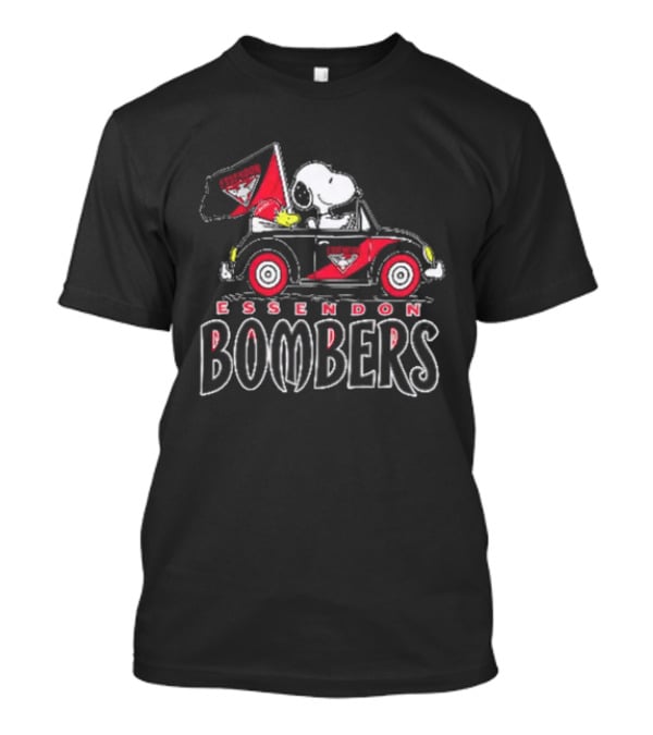 Essendon Bombers Snoopy Woodstock Driving Classic Car With Flag T-Shirt