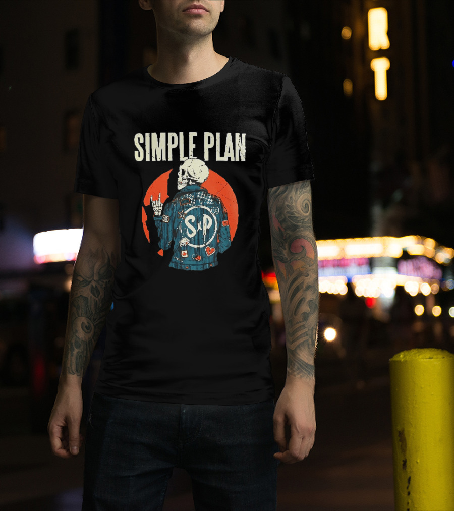 Simple Plan Just A Kid 1999 Skeleton Rock Sign SP Denim Jacket Distressed T-Shirt