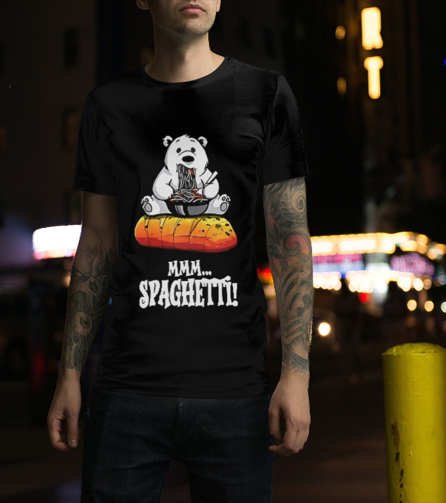 Mmm Spaghetti Cartoon Polar Bear Enjoying Pasta On Garlic Bread T-Shirt