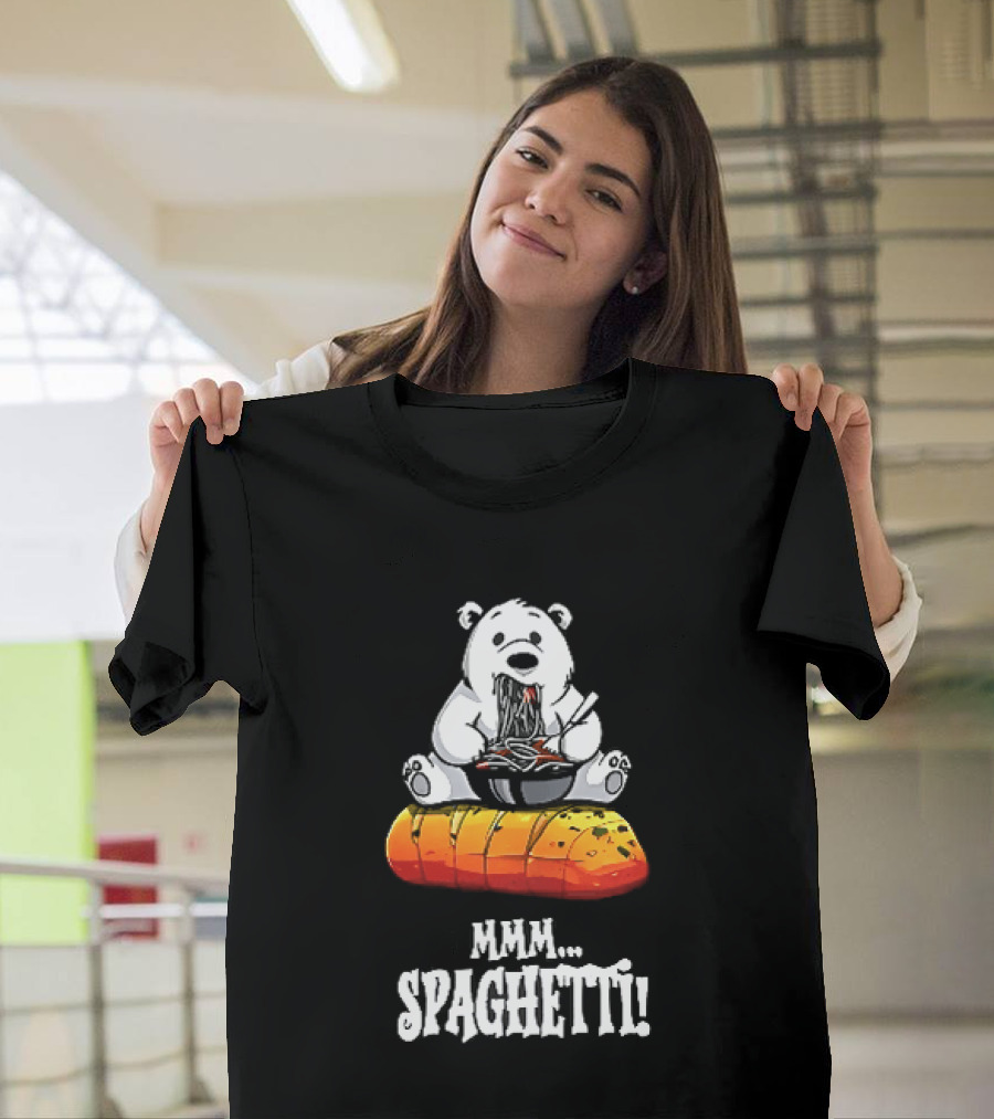 Mmm Spaghetti Cartoon Polar Bear Enjoying Pasta On Garlic Bread T-Shirt