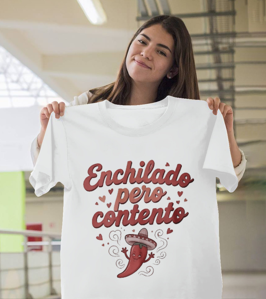Enchilado Pero Contento Sombrero Chili Pepper Cartoon Hearts T-Shirt