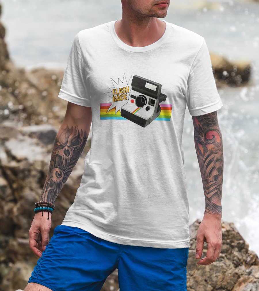 Flash Back Instant Camera Rainbow Stripe Starburst T-Shirt