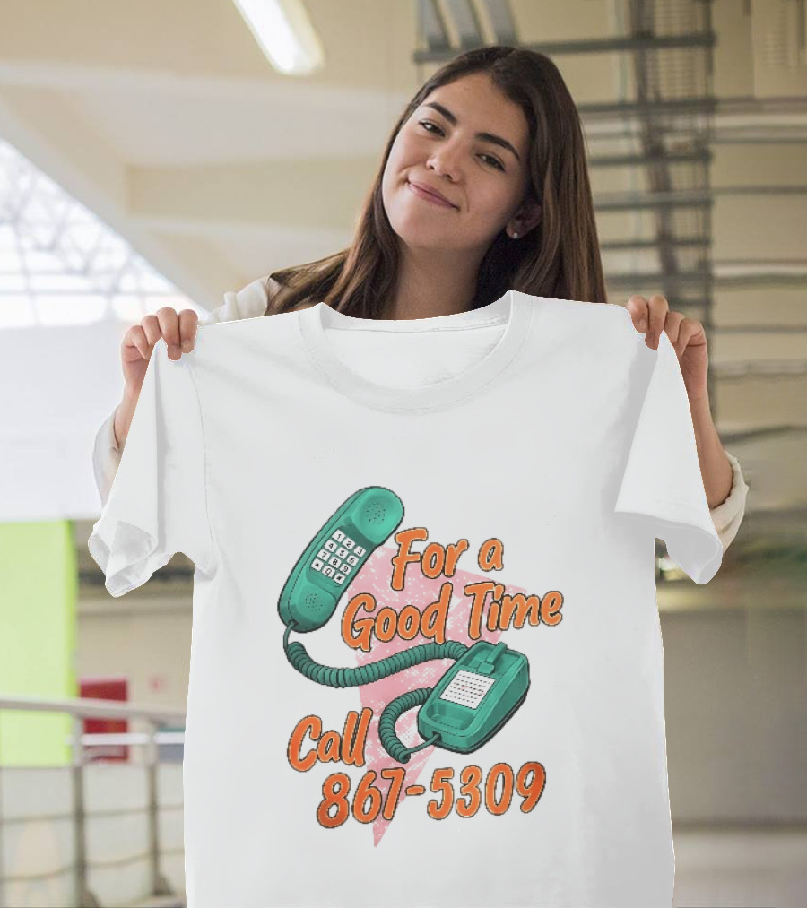 For A Good Time Call 867 5309 Teal Telephone Pink Triangle T-Shirt
