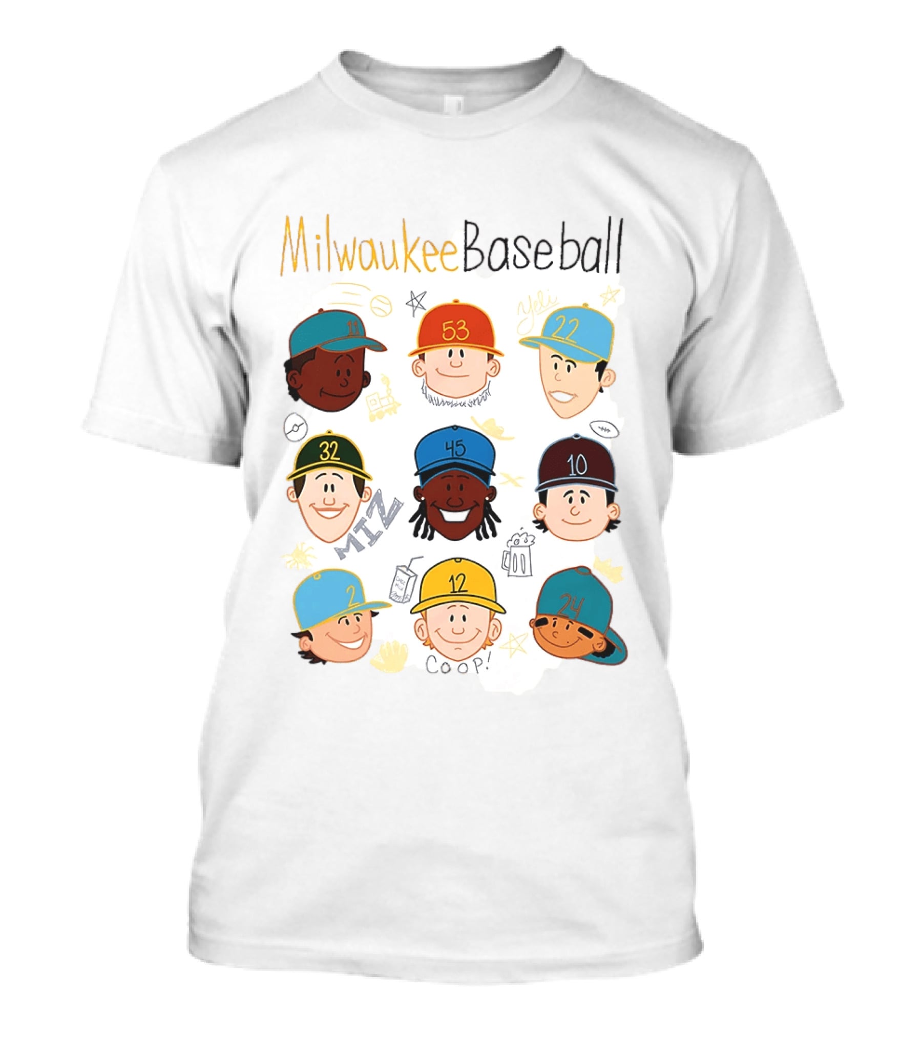 Milwaukee Baseball Players Cartoon Faces Yeli Coop Miz T-Shirt