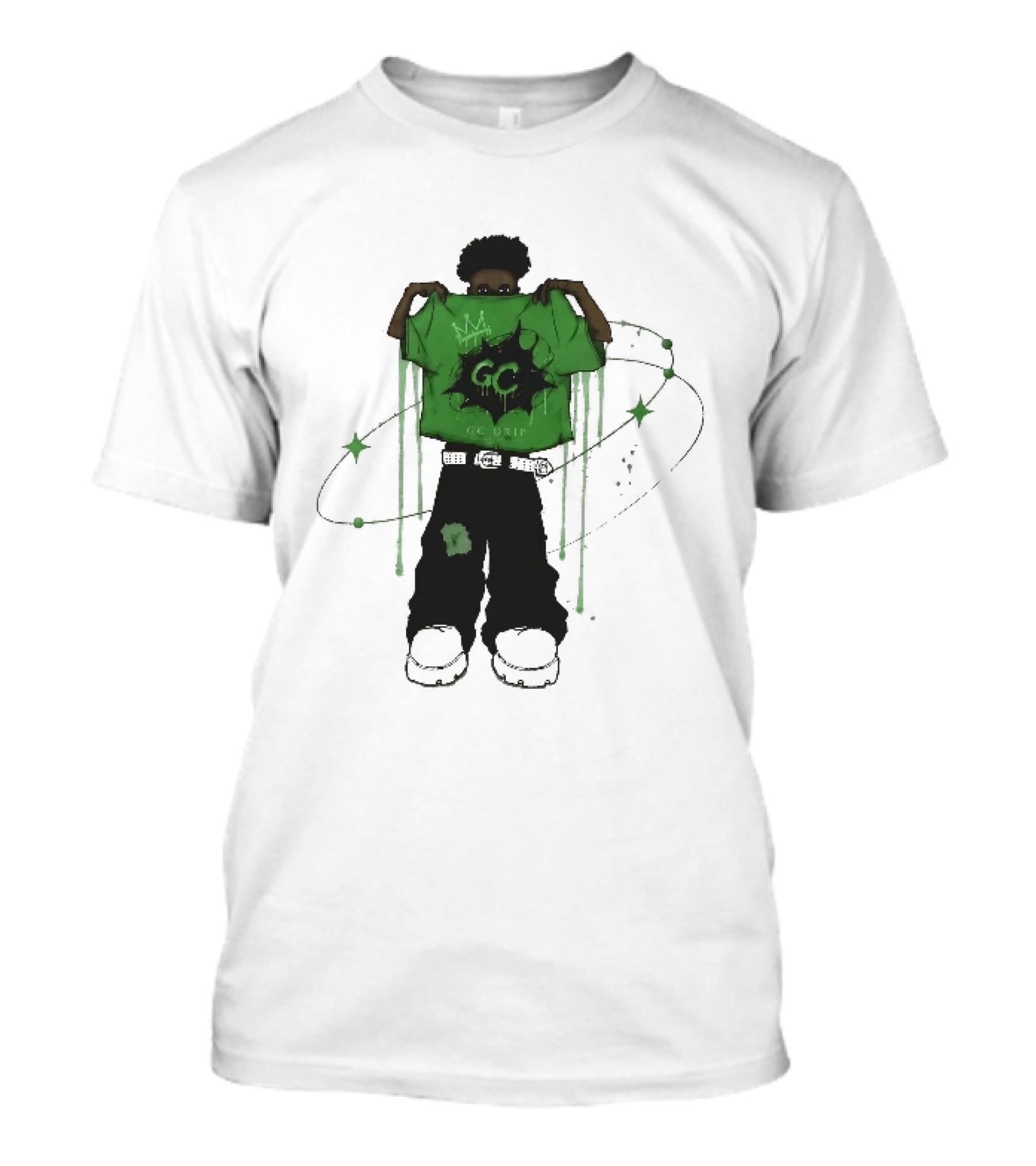 Gc Drip Cartoon Character Holding Green Clothing With Crown And Stars T-Shirt