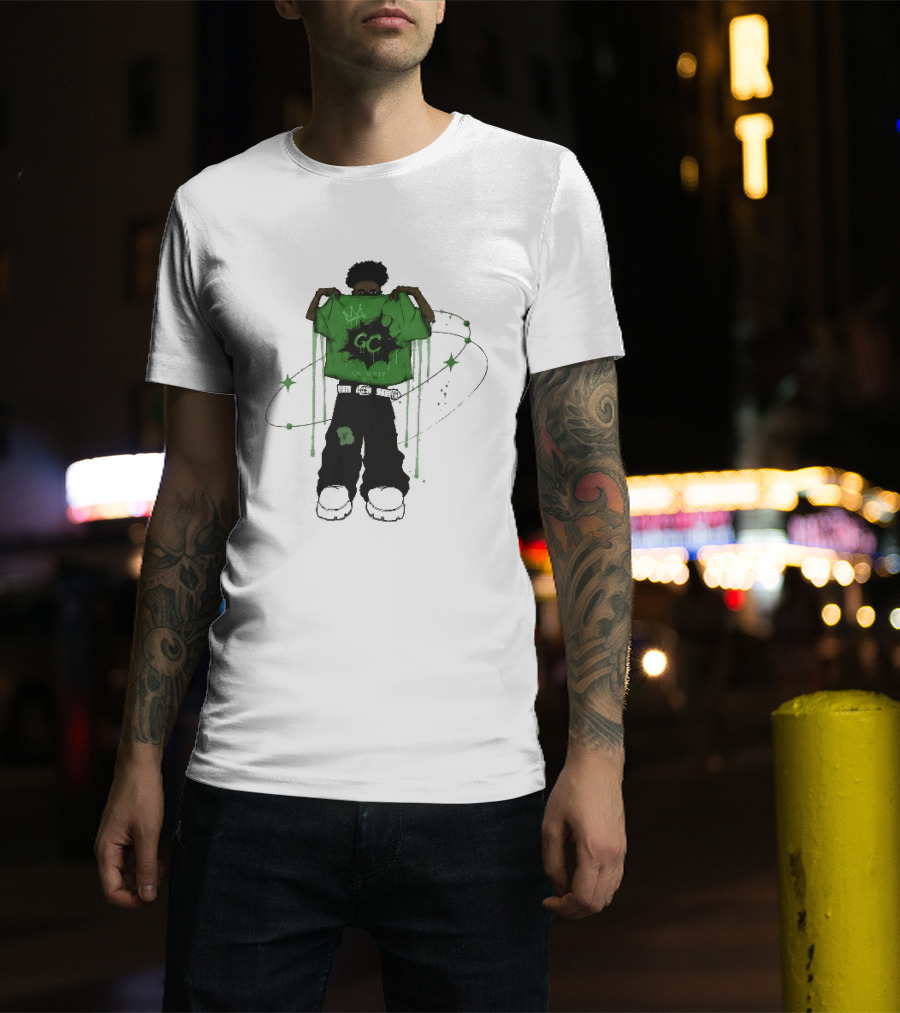 Gc Drip Cartoon Character Holding Green Clothing With Crown And Stars T-Shirt