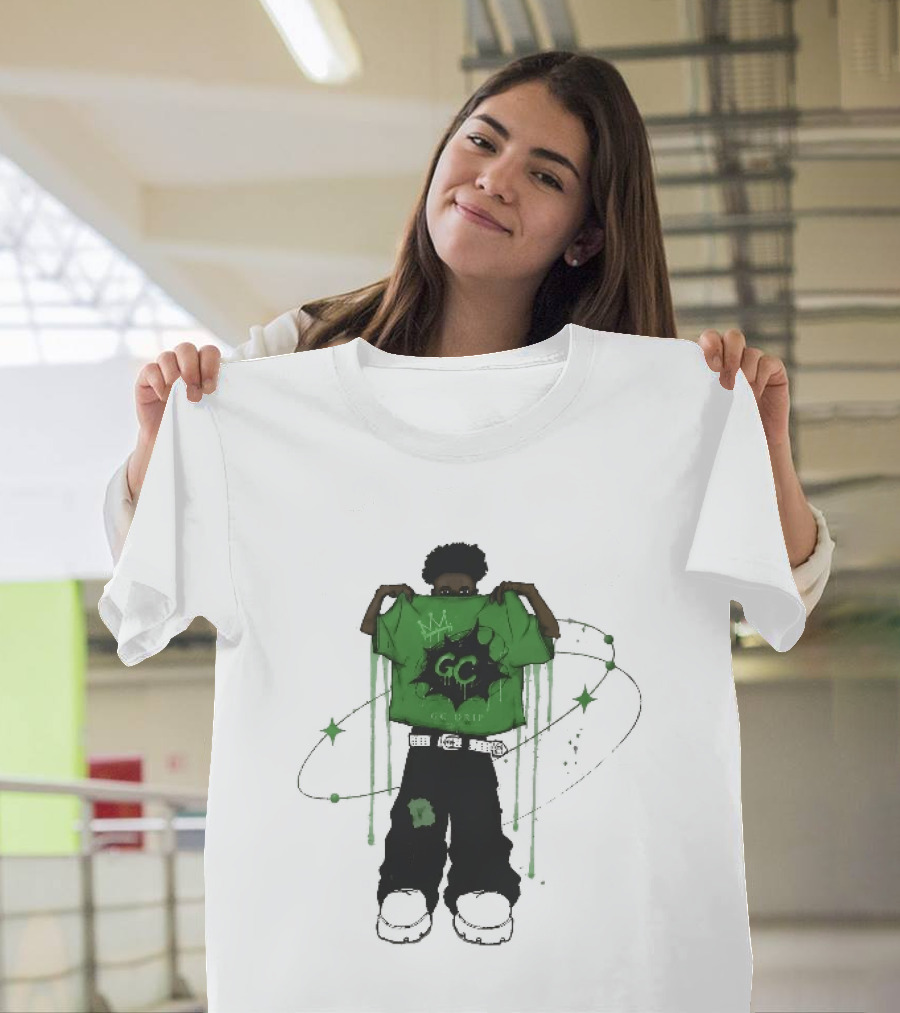 Gc Drip Cartoon Character Holding Green Clothing With Crown And Stars T-Shirt