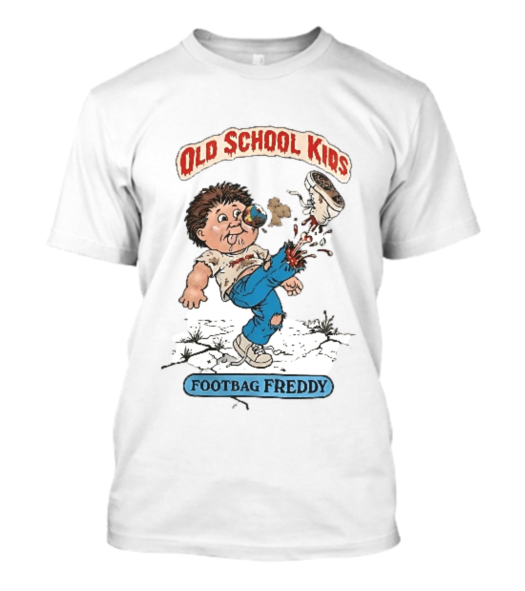 Old School Kids Footbag Freddy Cartoon Caricature Boy Kicking Shoe T-Shirt