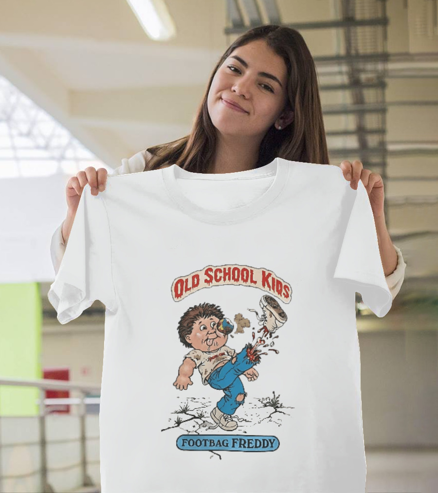 Old School Kids Footbag Freddy Cartoon Caricature Boy Kicking Shoe T-Shirt