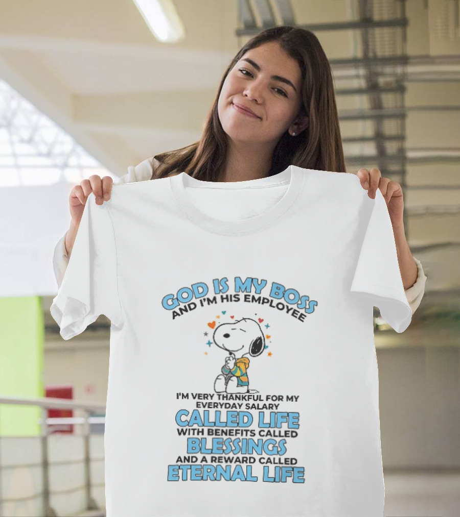 God Is My Boss Employee Everyday Salary Called Life Benefits Blessings Eternal Cartoon Dog Praying T-Shirt