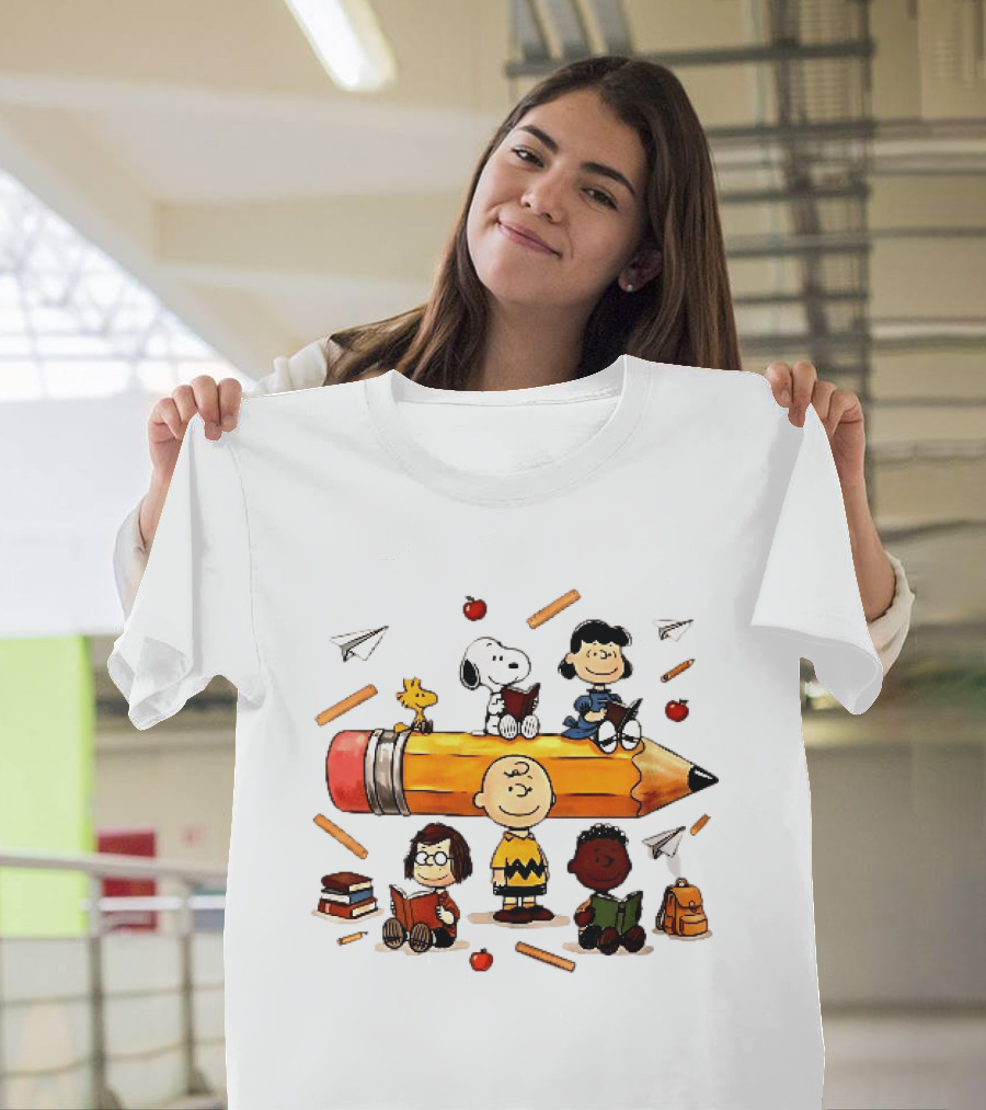 Charlie's Giant Pencil Peanuts Cartoon School Supplies Snoopy Woodstock T-Shirt