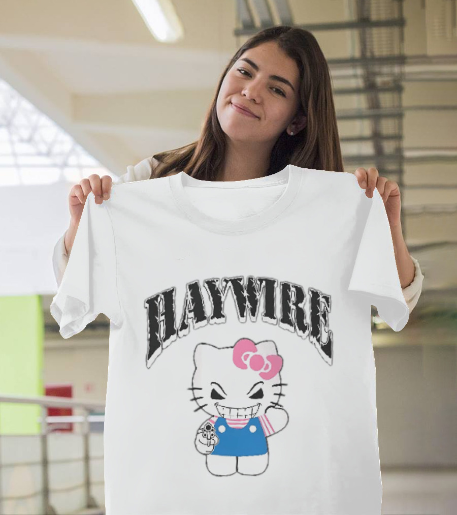 Haywire Hello Kitty Mischievous Grin Pink Bow Blue Overalls T-Shirt