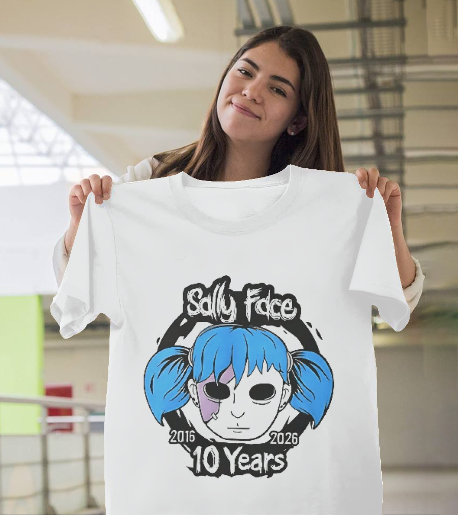 Sally Face 2016 2026 10 Years Cartoon Blue Hair Masked Character Anniversary T-Shirt