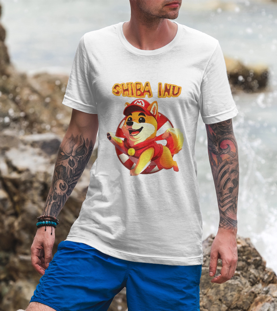 Shiba Inu Cartoon Dog Mario Red Cap Vest Running Striped T-Shirt