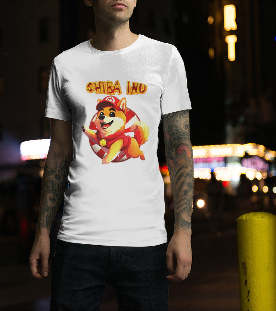 Shiba Inu Cartoon Dog Mario Red Cap Vest Running Striped T-Shirt