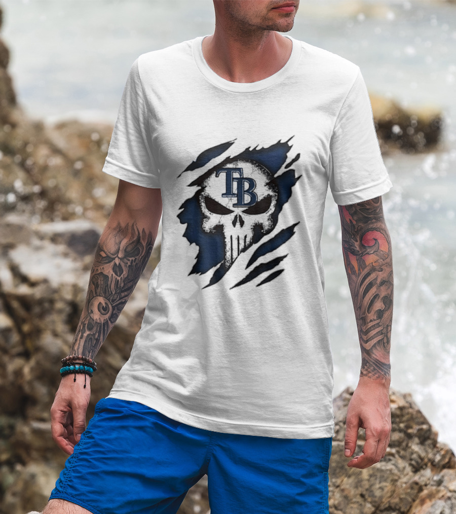 Tampa Bay Rays TB Punisher Skull Ripped Effect T-Shirt