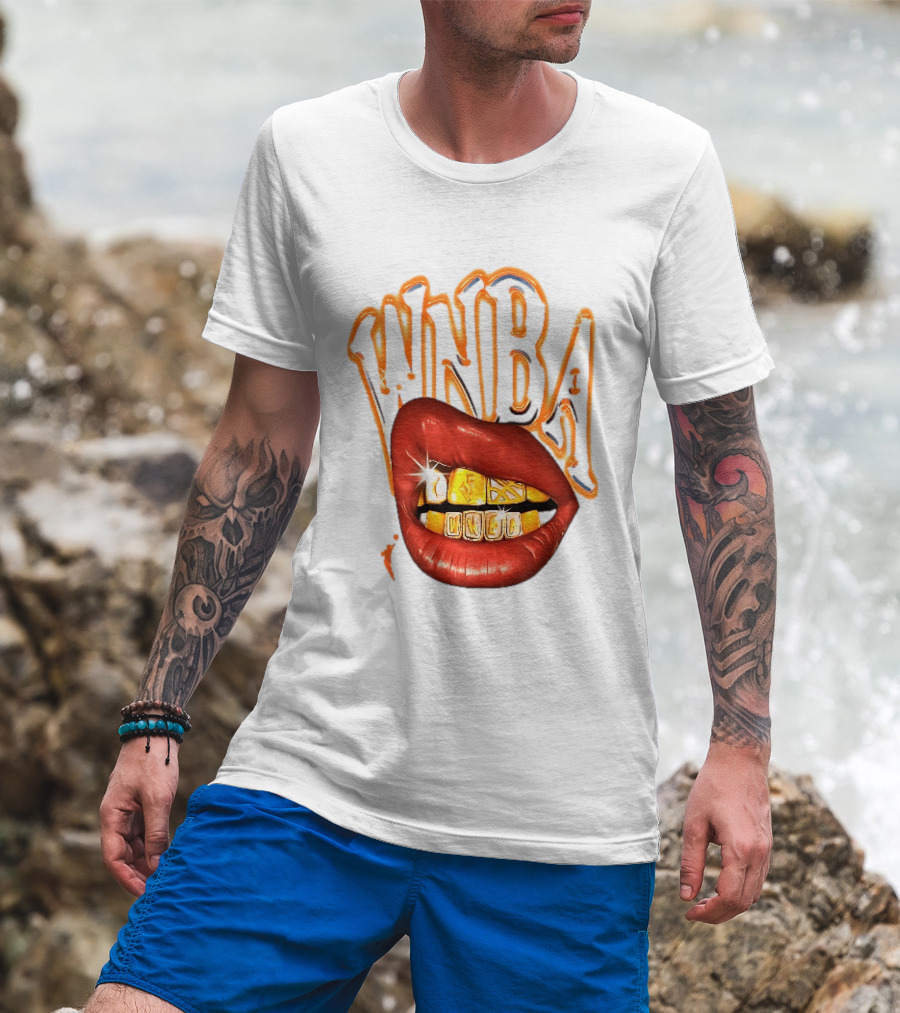 WNBA Red Lips Gold Teeth Grillz Glowing Chrome Lettering T-Shirt