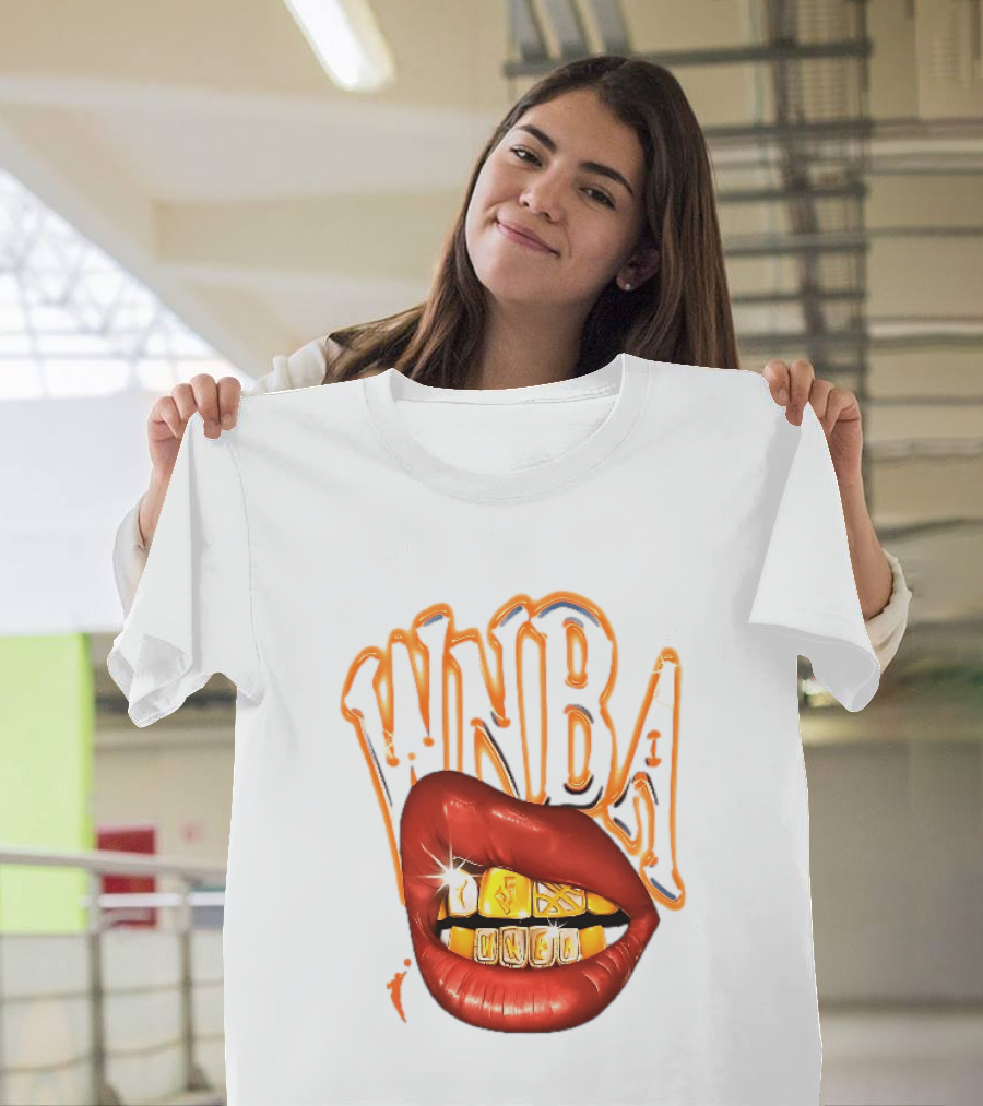 WNBA Red Lips Gold Teeth Grillz Glowing Chrome Lettering T-Shirt