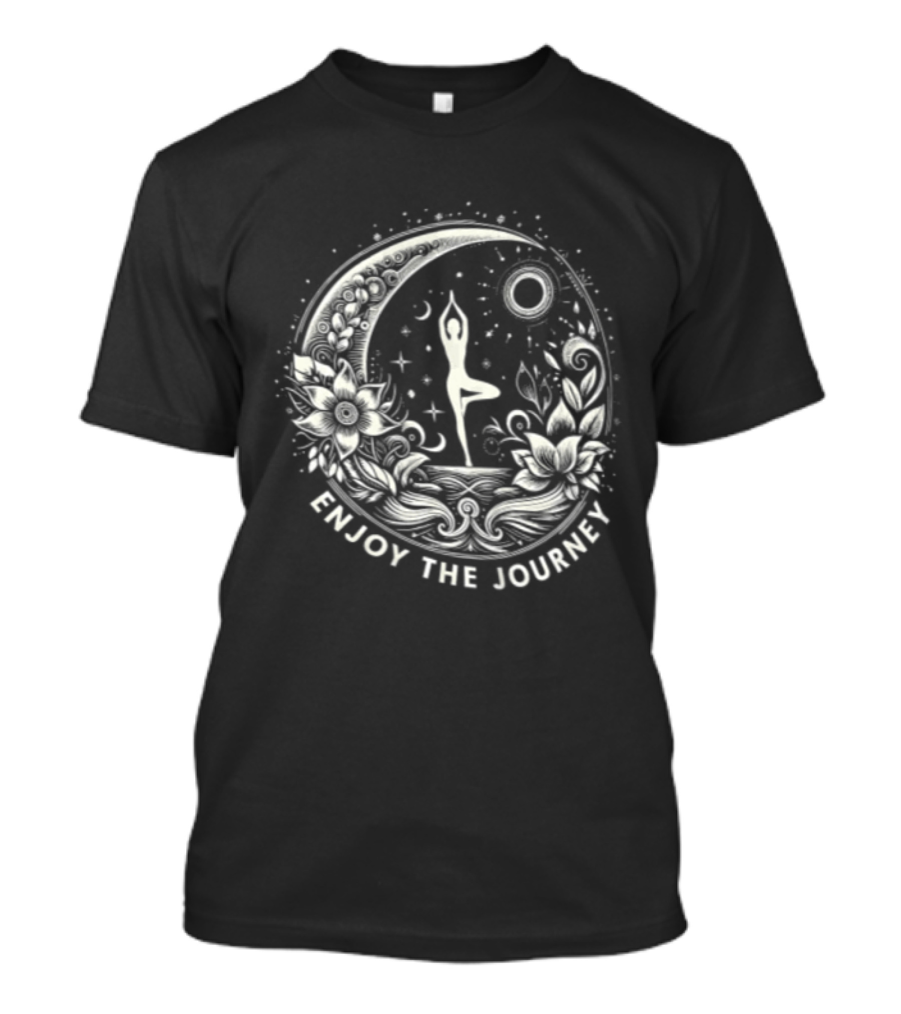 Enjoy The Journey Yoga Tree Pose Mandala Moon Sun Floral Surround T-Shirt