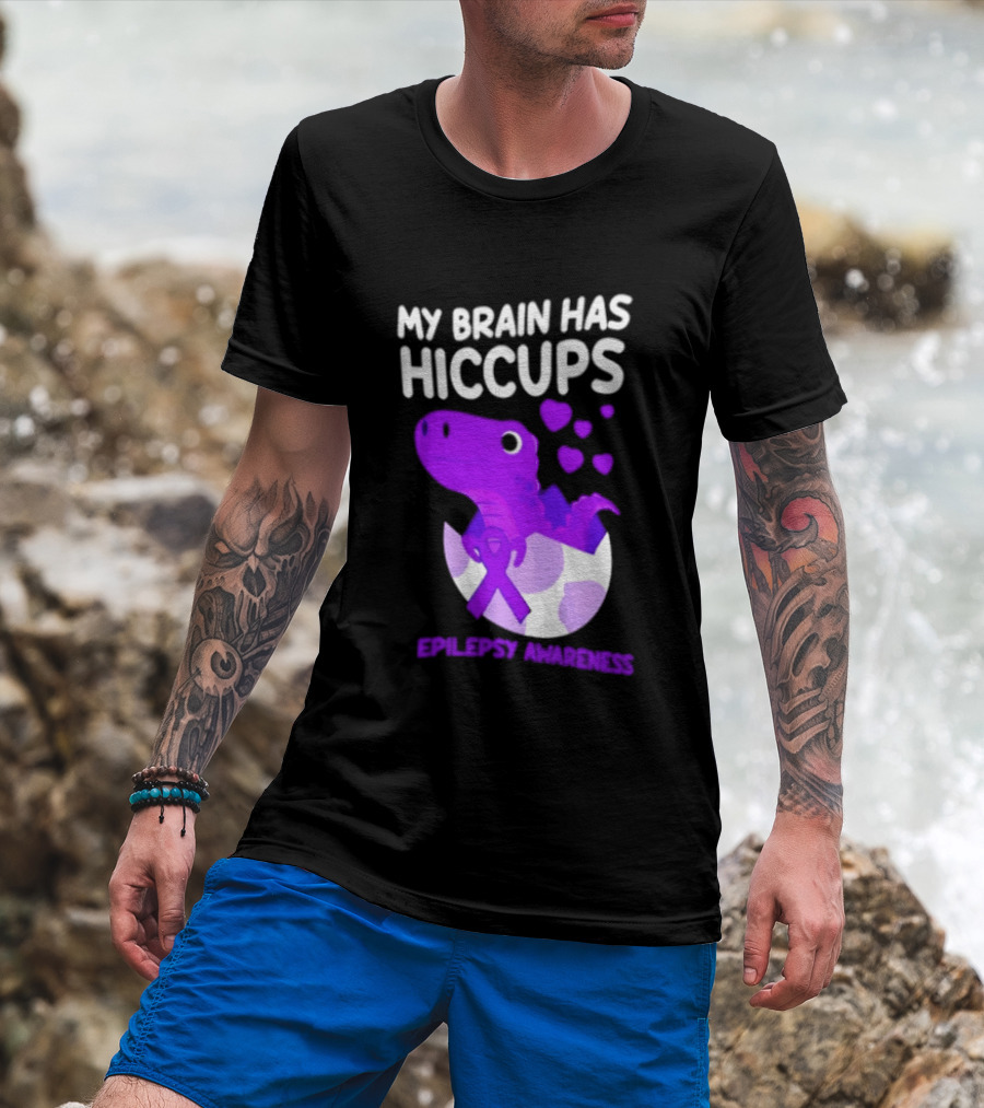 My Brain Has Hiccups Epilepsy Awareness Dinosaur Purple Ribbon Eggshell Hearts T-Shirt