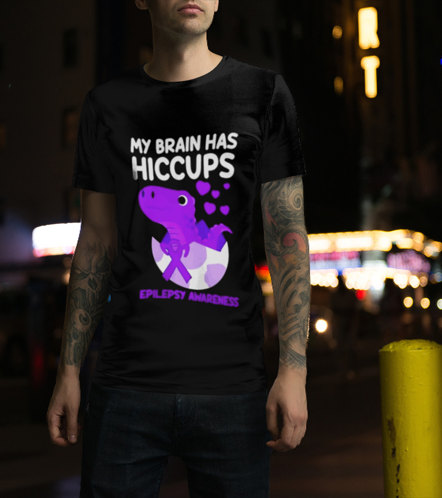 My Brain Has Hiccups Epilepsy Awareness Dinosaur Purple Ribbon Eggshell Hearts T-Shirt
