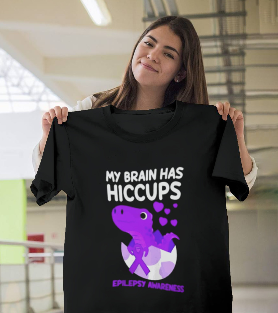My Brain Has Hiccups Epilepsy Awareness Dinosaur Purple Ribbon Eggshell Hearts T-Shirt