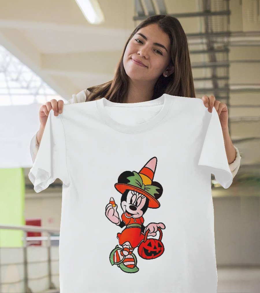 Disney Minnie Mouse Halloween Witch With Candy Corn And Pumpkin Bucket T-Shirt
