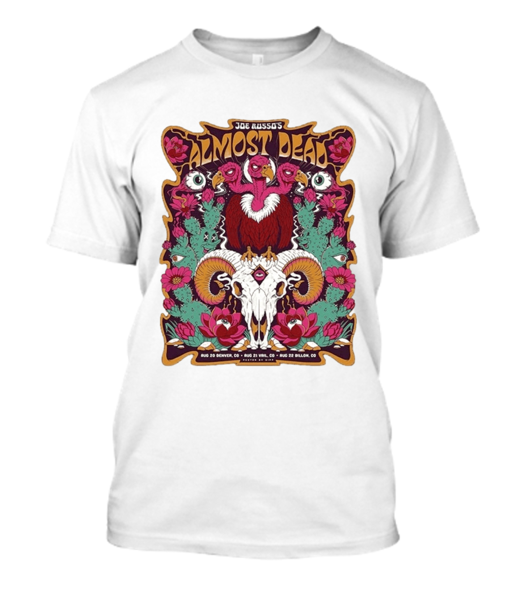 Joe Russo's Almost Dead Tour 2026 August 20 Denver August 21 Vail August 22 Dillon Vibrant Skull And Vulture Art Floral T-Shirt