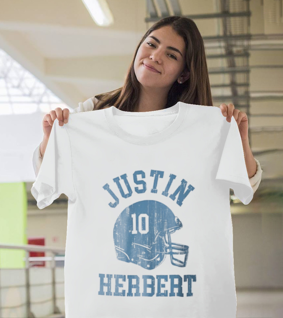 Justin Herbert Distressed Light Blue Football Helmet Number 10 T-Shirt